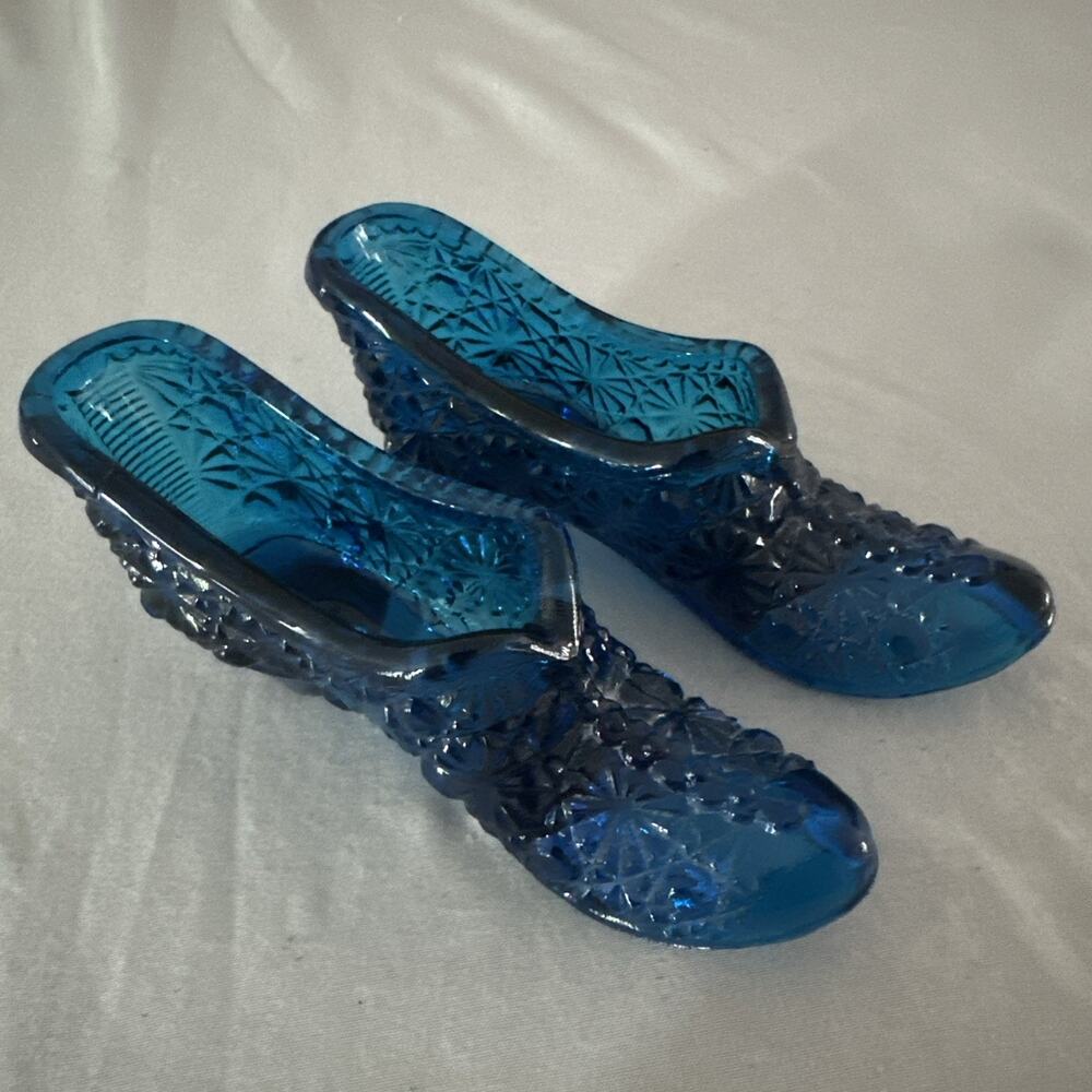 Set of 2 Vintage Fenton Colonial Blue Glass Slipper High Heel Shoes Small Decor